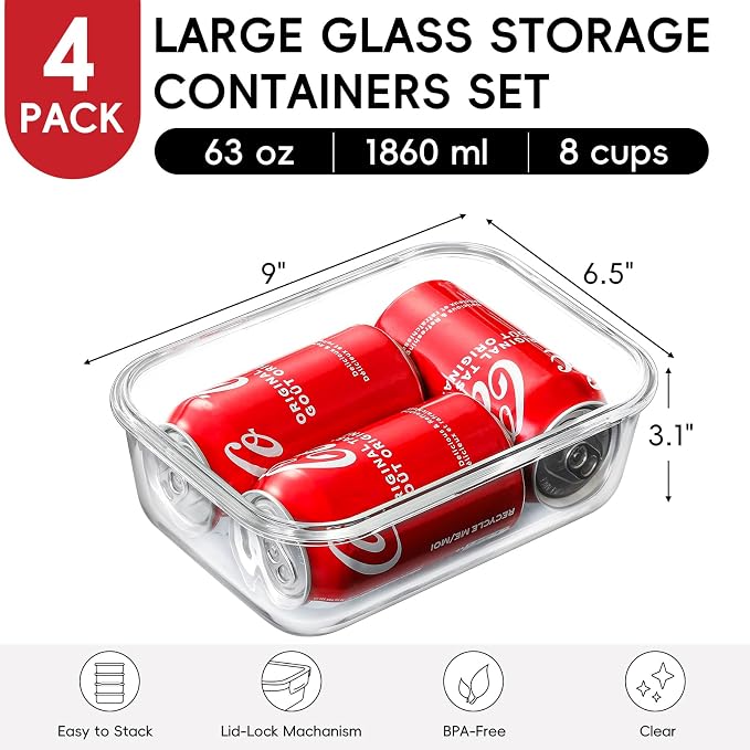 4 Pack 8 Cups/ 63oz Large Glass Storage Containers with Lids, Meal Prep Containers, Glass Food Storage with Airtight Lid for Baking, Leak Proof & Microwave, Oven Safe (4 Containers + 4 Lids)