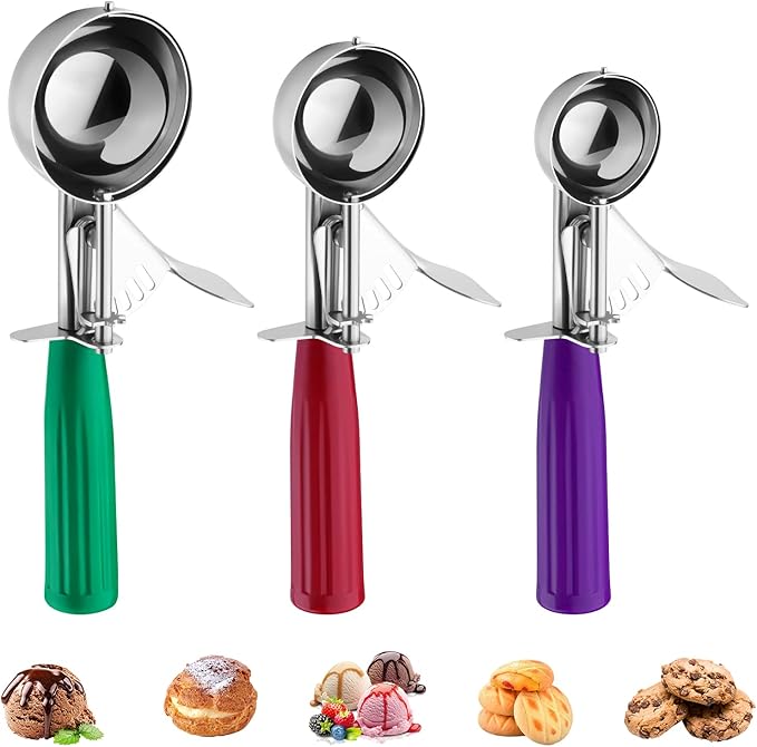 Cookie Scoop Set of 3, Ice Cream Scoop with Trigger Release & Anti-Freeze Grip, 18/8 Stainless Steel Cookie Scoops for Baking, Portion Scooper for Cookie Dough, Cupcake, Mashed Potatoes (S/M/L)