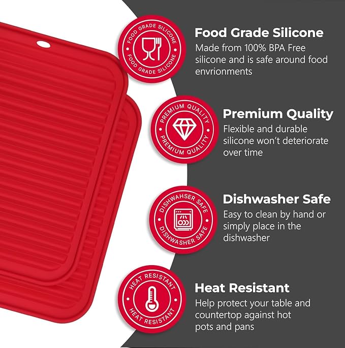 Silicone Trivets for Hot Dishes, Pots, Pans (4 Pack) - Heat-Resistant Pot Holders for Kitchen Countertop Mats - Silicone Trivet Mat (9 x 12 Inch) - Multipurpose Counter Pads (Red)