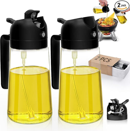 Kitchen Gadgets Oil Sprayer for Cooking 2pcs,Oil Dispenser for Kitchen,2 in 1 Oil Dispenser and Oil Sprayer,16oz Olive Oil Dispenser Bottle for Air Fryer,Salad, Grill (Black KitchenAccessories)