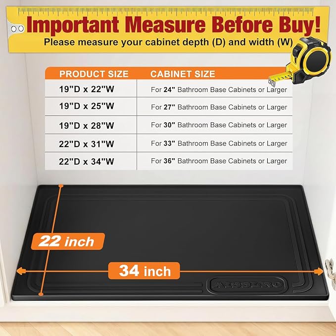 Under Sink Mat 34" X 22", Waterproof Silicone Cabinet Kitchen Liner, Black | BPA-Free Raised-Edge Cabinet Protector & Leak Tray for Bathroom Cabinets, Boots, Pet Feeding Dog & Cat Mats, Dishwasher Safe