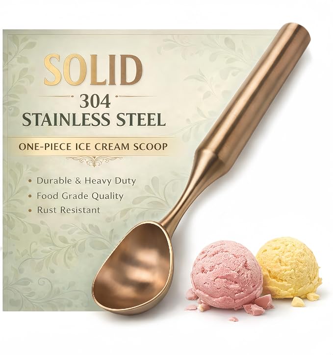 Stainless Steel Ice Cream Scoop, Heavy Duty Ice Cream Scooper with Ergonomic Grip, 100% Dishwasher Safe One-Piece Metal Scoop for Hard Ice Cream, Gelato & Cookie Dough,Rose Gold