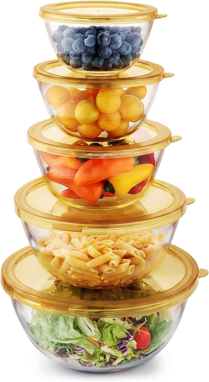 Cuiselect 5pc Glass Mixing Bowls with Lids Set (4.65QT, 2.80QT, 1.64QT, 1.16QT, 0.85QT), Nesting Salad Bowl, Glass Mixing Bowl for Cooking, Baking, Prepping-Dishwasher Microwave Freezer Safe(Brown)