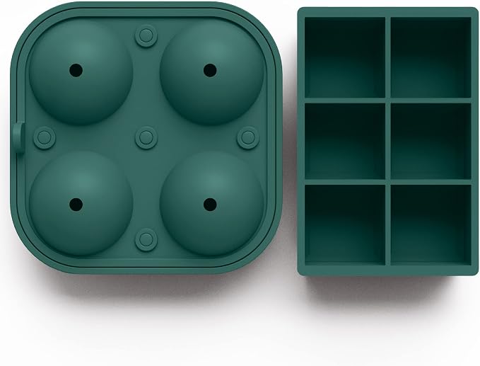 Ball Ice Cube Tray and Big Ice Cube Molds for Whiskey, Slow-Melting, 100% Silicone, No-Plastic, Easy Release, Ideal for Gifting and Elevating Cocktails (Green, 4 Spheres & 6 Cubes)