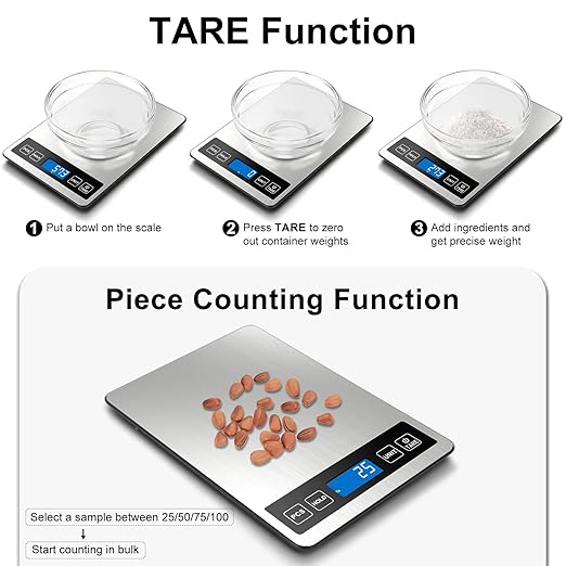 Fuzion Food Scale, 22lb/0.1oz Digital Kitchen Scale - 7 Units, Tare & PCS | Rechargeable Power, Tempered Glass & Stainless Steel - Digital Food Scale Grams and Ounces for Weight Loss, Baking, Cooking