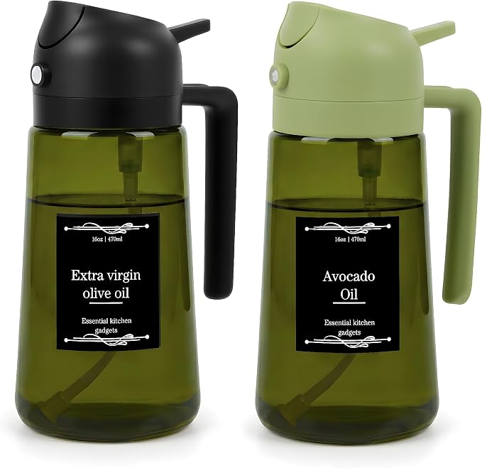 Oil Dispenser Glass Bottle, 16oz/470ml, 2 in 1 Oil Sprayer and Pourer, Light-Blocking Dark Glass, for Cooking, Air Fryer, Salad, BBQ (Black and Green)