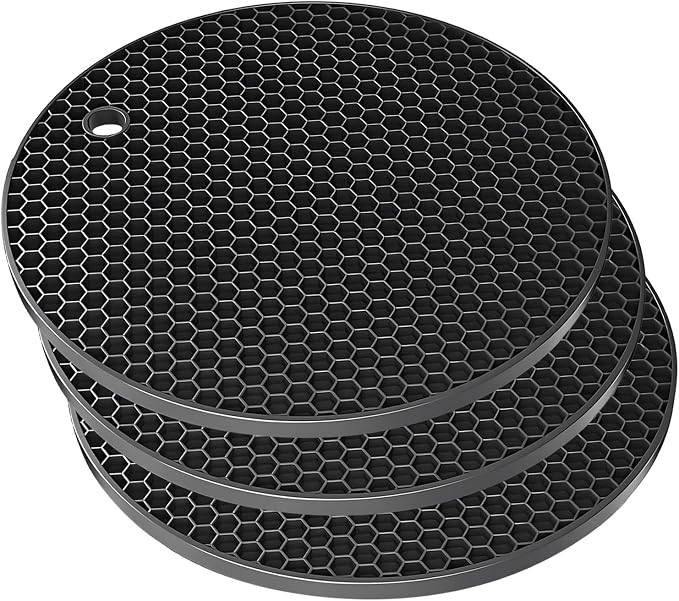 Silicone Non-Slip, Heat Resistant & Water-Trapping Trivet Mats for Water Glasses & Teacup & Coffee Cup & Dishes & Cookware, Multipurpose Kitchen Table Coaster, 5.5-Inch, 3 Pcs, Black