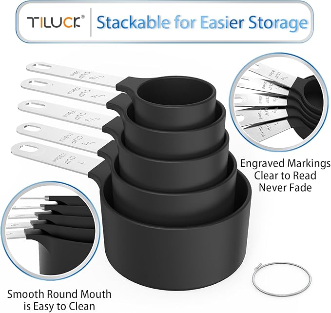 Measuring Cups & Spoons Set, Stackable Cups and Spoons | Nesting Measure Cups with Stainless Steel Handle, Kitchen Gadgets for Cooking & Baking (Black)