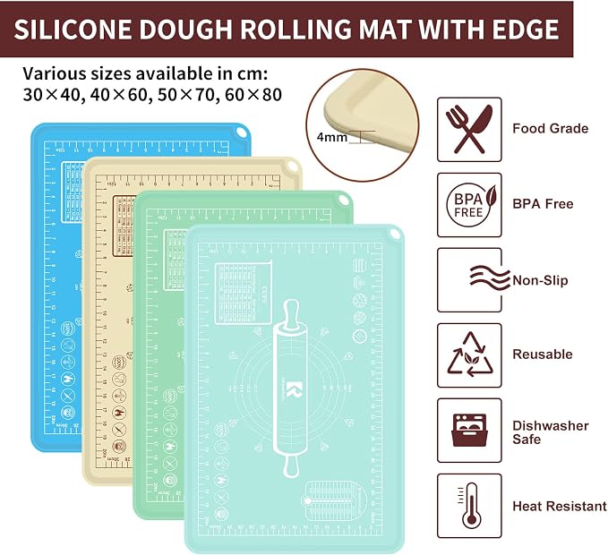 Silicone Baking Mat, Extra Thick Dough Rolling Pad with Measurements and Edge Heightening, Non-stick Food Grade Silicone Pastry Mat for Pastry, Bread, Cookies (Beige Edge Up, 20"L x 28"W)
