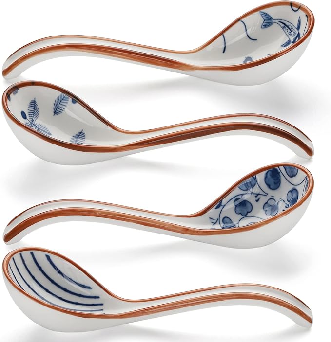 Ceramic Soup Spoons Set of 4 Porcelain Japanese Soup Spoon Long Handle Asian Soup Spoon Sets for Pho Ramen Noodles Wonton Dumpling Rice (Model 5#)