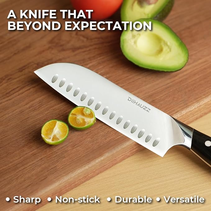 DiiHAUZZ Chef Knife, 7 Inch Ultra Sharp Japanese Santoku Knife, High Carbon Steel Forged Professional Kitchen Knife with Full Tang Triple-Riveted Ergonomic Handle for Slicing, Chopping, Dicing