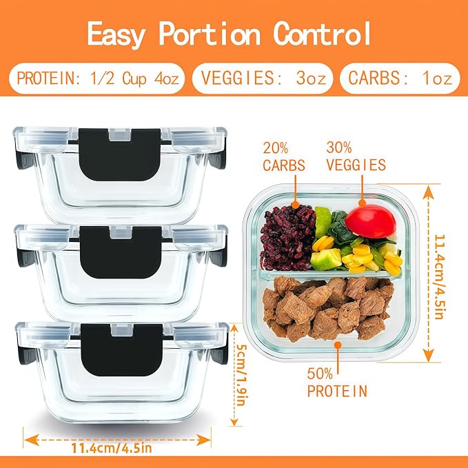 3 Pack Bariatric Meal Prep Containers, 8oz Glass Snack Containers | Glass Bariatric Portion Control Containers with Two 4 oz Compartments, Reusable Lunch Box Bento Box with Lids,Black