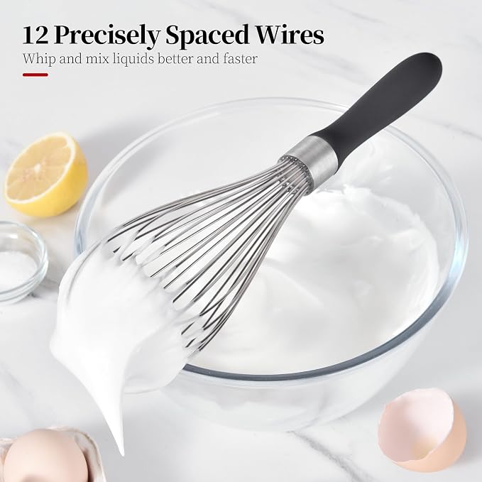 18/8 Stainless Steel Balloon Whisk for Cooking (Large, Black) | Heavy Duty Metal Kitchen Wire Whisker Wisking Tool Egg Beater Hand Mixer for Mixing Baking Beating Stirring Sauce Flour