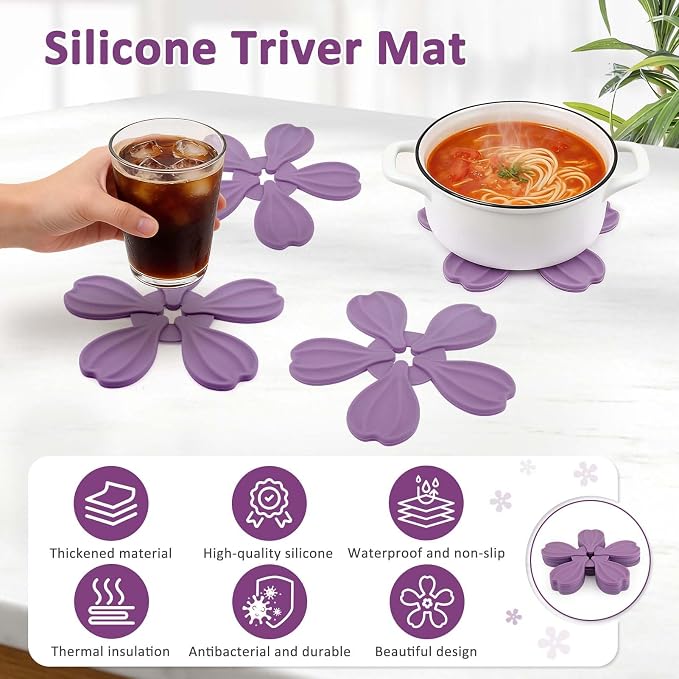 4-piece Silicone Trivet Mat - Non-Slip & Heat Resistant Kitchen Hot Pads for Table & Countertop, Multifunctional Mats can Hold Coffee, Plates, and Various Ornaments, (Purple)