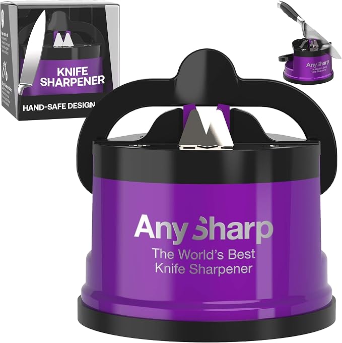 AnySharp – Pro – Hands Free Knife Sharpener - Easy to Use Sharpening Tool with PowerGrip Suction Base and 20-Degree Pre-Set Angle - for All Knives: Chef's, Serrated, and Hardened Steel - Purple (UV)