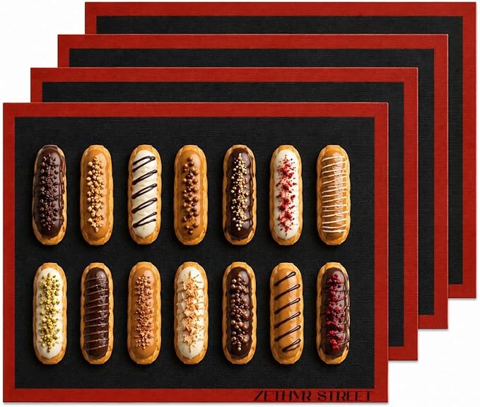 Perforated Silicone Baking Mats - Eclair Mat, Half Sheet 11x16in, Pack of 4 | Eclair Silicone Baking Mat, Nonstick Reusable Breathable Air Mat, Heat Resistant, For Pizza, Pastry, Pie Crust, Sugar Cookie