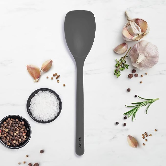 GreenPan Silicone Sauté Spoon, Mixing Stirring Serving, Cooking Kitchen Utensil, Flexible Rubber Nonstick Cookware, Rigid Steel Core, Heat-Resistant, Anti-Slip Handle, BPA-Free, Dishwasher Safe, Gray