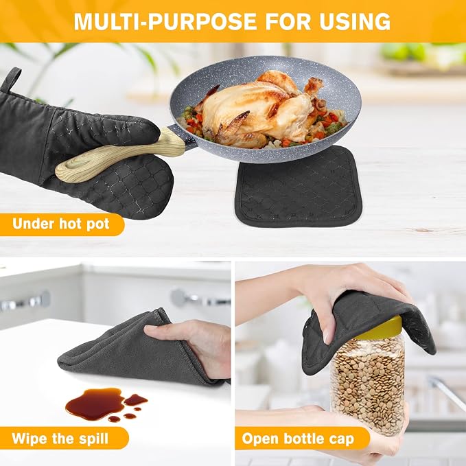 6 Pcs Oven Mitts and Pot Holders, 500℉ Heat Resistant Oven Mitts with Kitchen Towels Soft Cotton Lining and Non-Slip Silicone Surface Safe for Baking, Cooking, BBQ (Black)