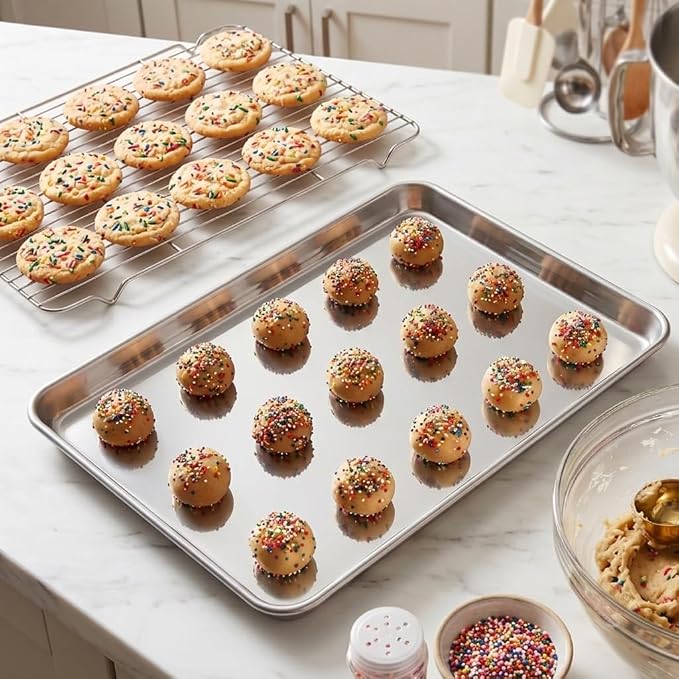 Homikit Half Baking Sheet with Wire Cooling Rack (1 Pan+1 Rack), Nonstick | 18x13 Inch Stainless Steel Cookie Sheets for Baking, Large Baking Pan with Grid Set, Metal Bacon Tray, Oven & Dishwasher Safe