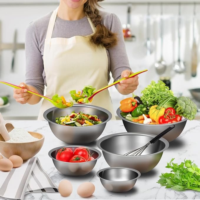 Mixing Bowls Set, Stainless Steel Mixing Bowl Set of 5, Space-Saving Nesting Metal Mixing Bowls for Home Kitchen, RV Kitchen, Baking, Prep, Cooking, Serving, Marinating