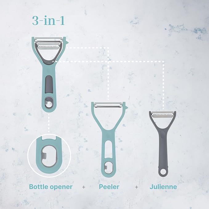 3 in 1 Vegetable Peeler – Julienne Slicer with Bottle Opener and Built-in Eye Remover – Stainless Steel Blade with Comfortable Handle – Potato, Cabbage, and Carrot Peeler for Kitchen – Pastel Blue