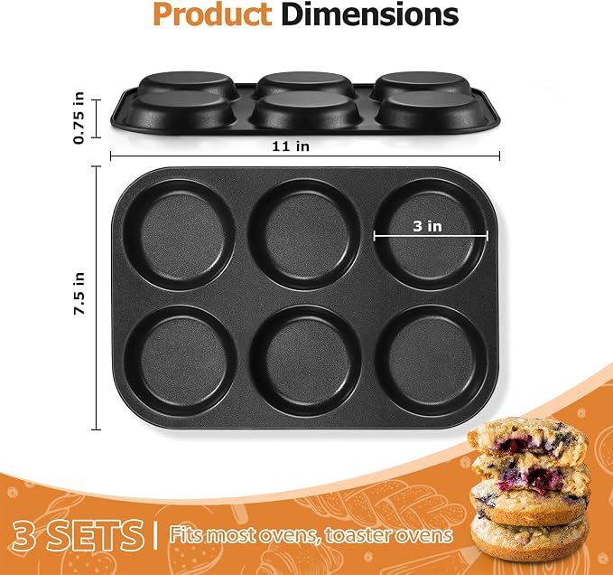 far Muffin Top Pan Set of 3, Nonstick 6-Cavity Shallow Cupcake Pan for Baking Whoopie Pie, Yorkshire Pudding, Eggs, Cornbread, Drop Cookies, Easy Release & Clean, 3-Inch Standard Size