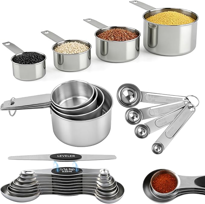 Measuring Cup and Magnetic Measuring Spoons Set, 8 Stainless Steel Nesting Measuring Cup & 8 Double Sided Stackable Magnetic Measuring Spoons & 1 Leveler for Cooking Dry & Liquid Ingredients