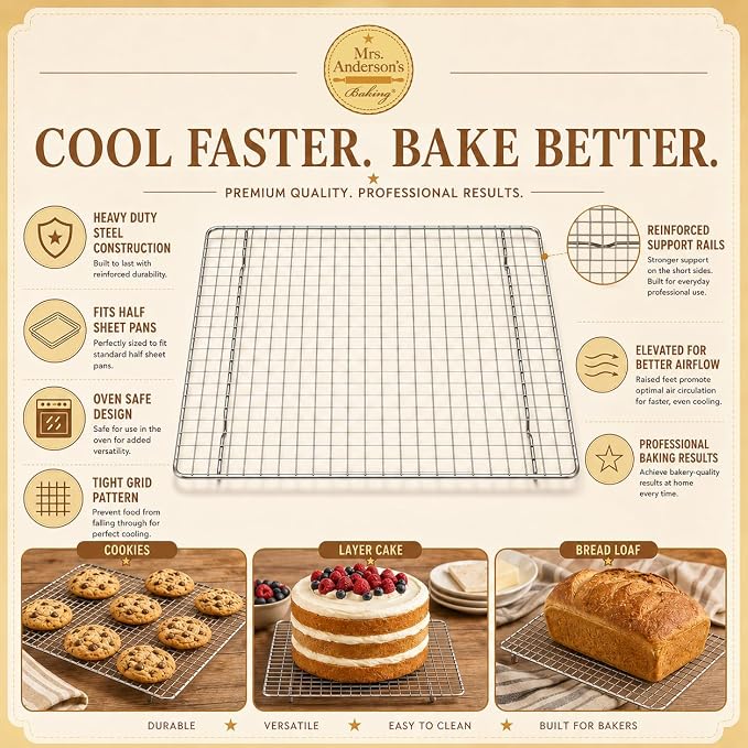 Mrs. Anderson's Baking Professional Cooling Rack, Heavy Duty Steel, Fits Half Sheet Pans, 16.5 x 11.875 x 0.625-Inches