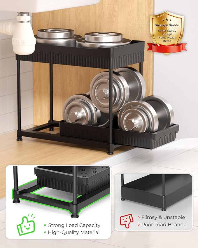 3-Pack 2-Tier Under Sink Organizers with Sliding Drawers | Multi-use kitchen & bathroom storage, 12.8 inch black cabinet organizer, space-saving sliding drawer design.