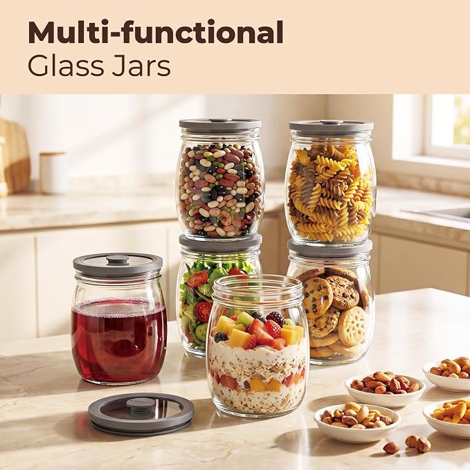28oz 4 Pack Glass Canisters with Airtight Lids, Glass Storage Containers | Glass Canisters with Airtight Lids, Wide Mouth Mason Jars for Salad, Cookie, Overnight Oats, Canning, Fermentation, Pickling
