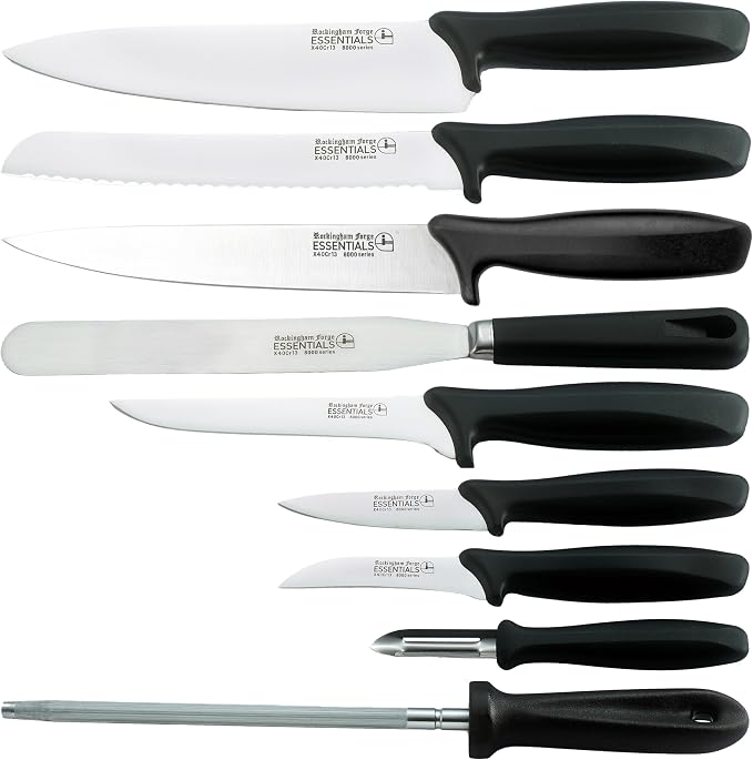Rockingham Forge Essentials Professional Chef’s Knife Set – Contains 9 Kitchen Knives and 1 Knife Case,Black,CS-8007/10