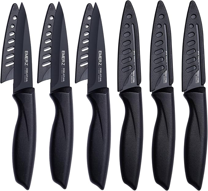 Paring Knife with Cover Sheath,Black,3.5 Inch Stainless Steel Fruit and Vegetable Knife,Paring Knives Set of 6,Ultra Sharp Small Kitchen Knife with PP Plastic Ergonomic Handle.