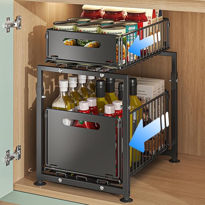 Under Sink Organizer, 2-Tier Multi-Use Kitchen and Bathroom Organizers and Storage, Slide Out Thickened Metal Under The Sink Organizer for Kitchen Bathroom Pantry (Style A Black, 1 Pack)