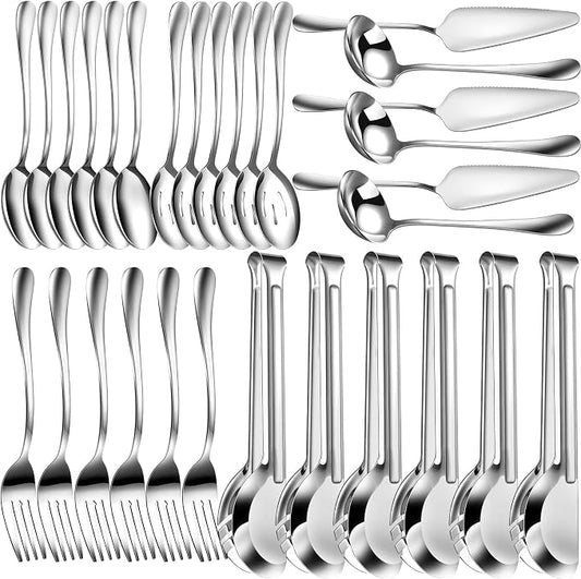 Thenshop 30 Pcs Serving Utensils Set Stainless Steel Flatware Serving Set Include Large Spoons Slotted Spoons Forks Soup Ladle Pie Server and Tongs for Buffet Catering Party Restaurant(Silver)