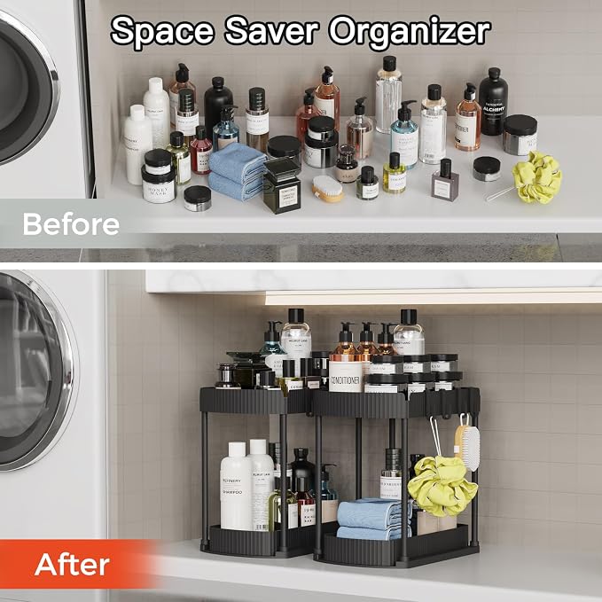 2 Packs Under Sink Pull-Out Storage Organizers, 12.8 Inches, Black | Multi-Purpose Cabinet Organizers and Storage for Bathroom & Kitchen