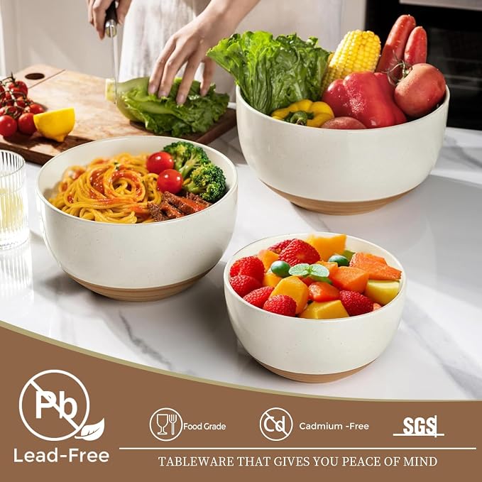 AmorArc Ceramic Mixing Bowls,Stoneware Nesting Bowls Set of 3 for Kitchen | Serving Bowls with Rustic Terracotta Underside for Mixing,Cooking,Baking,Salad,Microwave&Dishwasher Safe 4.6/2.8/1.3 Qt-Beige