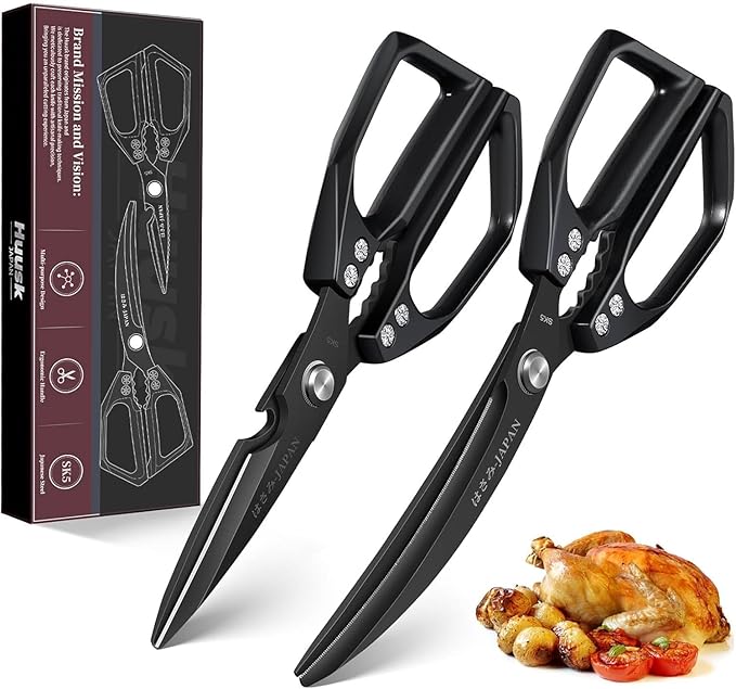 HUUSK Kitchen Scissors Set Black - Stainless Steel Kitchen Shears, Sharp Meat Scissors, Heavy Duty Poultry Shears All Purpose, Japanese Cooking Scissor for Food, Gifts for Men