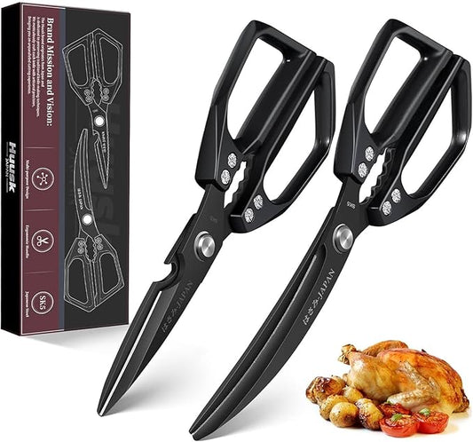 HUUSK Kitchen Scissors Set Black - Stainless Steel Kitchen Shears, Sharp Meat Scissors, Heavy Duty Poultry Shears All Purpose, Japanese Cooking Scissor for Food, Gifts for Men