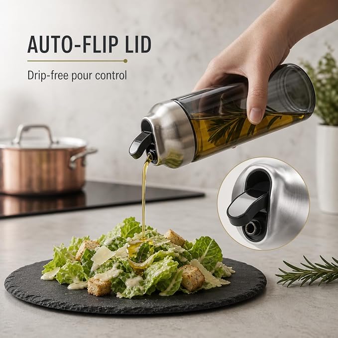 Aelga Olive Oil Dispenser Bottle for Kitchen, 2-Pack 14oz Dark Glass Oil and Vinegar Dispenser Set, Auto Flip Lid, UV-Protected Cooking Oil Cruet with Drip-Free Pour Spout