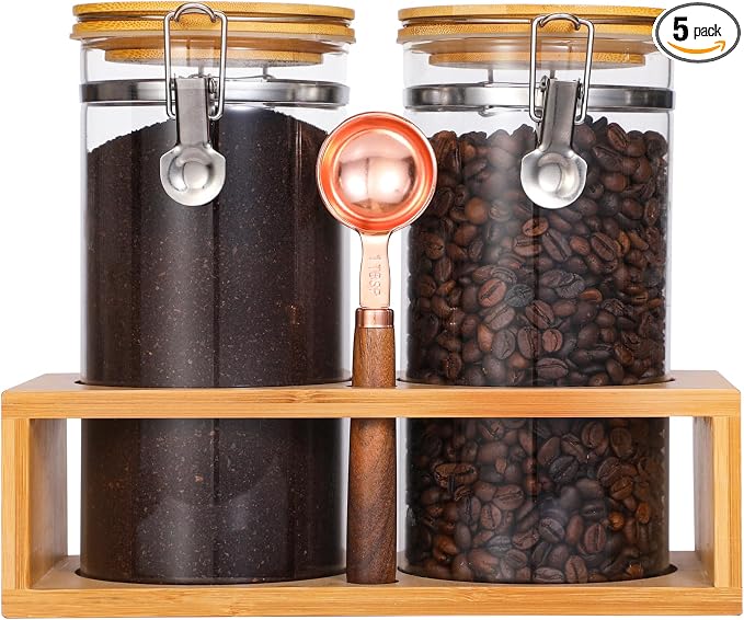 Glass Coffee Storage Container with Bamboo Shelf, 2PCS 49oz Airtight Sealed Coffee Bean Jar with Clamp Lid & Measuring Spoon, Kitchen Pantry Canister Set for Ground Coffee Sugar Tea Flour
