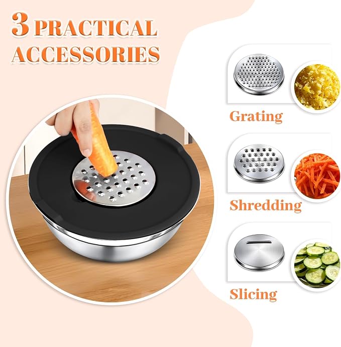 21PCS Mixing Bowls with Lids Set - 7 Nesting Mixing Bowls, 3 Graters, 11 Baking Tools, Lids, Stainless Steel Mixing Bowls for Mixing & Baking, Size 0.7/1.1/1.5/2.1/3.5/4/4.5 QT, Black