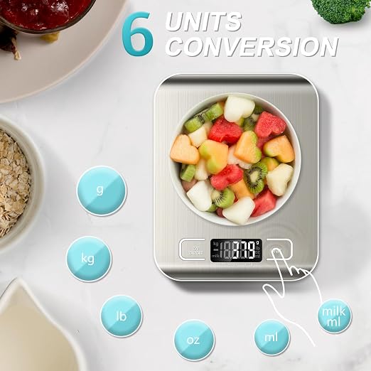 Food Scale, 11lb Kitchen Scale with 6 Units Tare Function & LCD Display, 0.05oz/1g Stainless Steel Digital Food Scale Grams and Ounces for Baking, Cooking, Dieting and Meal Prep (Batteries Included) | 6 Conversion units,Automatic overload,Low battery w...