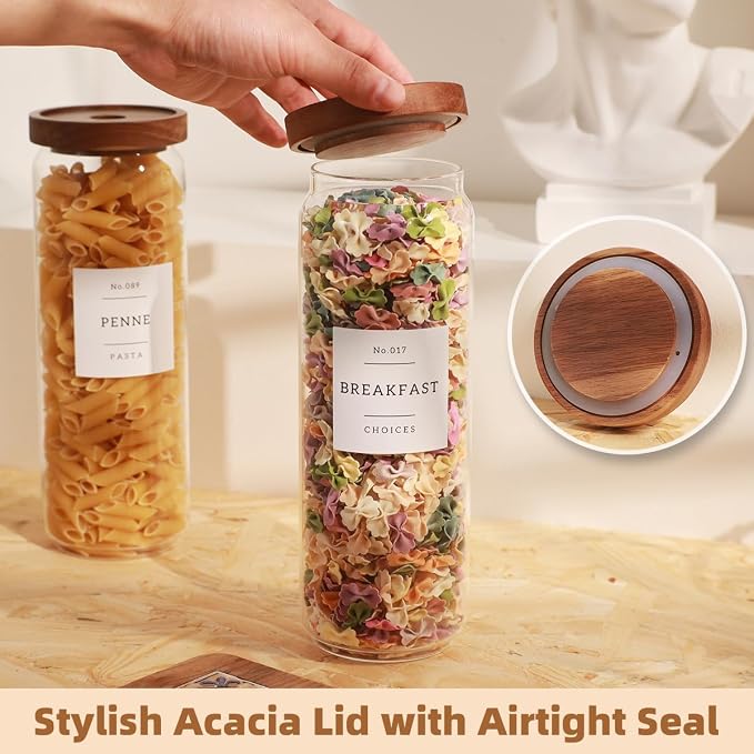 3 Pack Glass Canisters with Airtight Acacia Lids and 132 Kitchen Pantey Labels Preprint - 45 Fl Oz Borosilicate Glass Pantry Storage Jars Containers with Wooden Lids for Tea,Sugar,Cookie,Coffee,Nuts