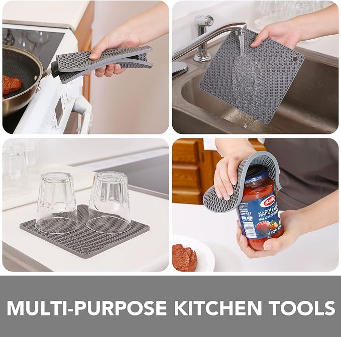 4 Pack Trivets for Hot Dishes | Hot Pads for Kitchen, Silicone Pot Holders for Kitchen Countertops,Table, Hot Pots and Pans, Easy to Wash and Dry, Grey