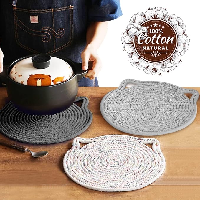 12" Pure Cotton Trivets Set with 0.35" Thick (3 Pcs, Grey) | Tightly Woven, Machine Washable, Heat Resistant, Large, Cute Cat Kitchen Accessories for Hot Dishes Pots Pans, Decor, Gift