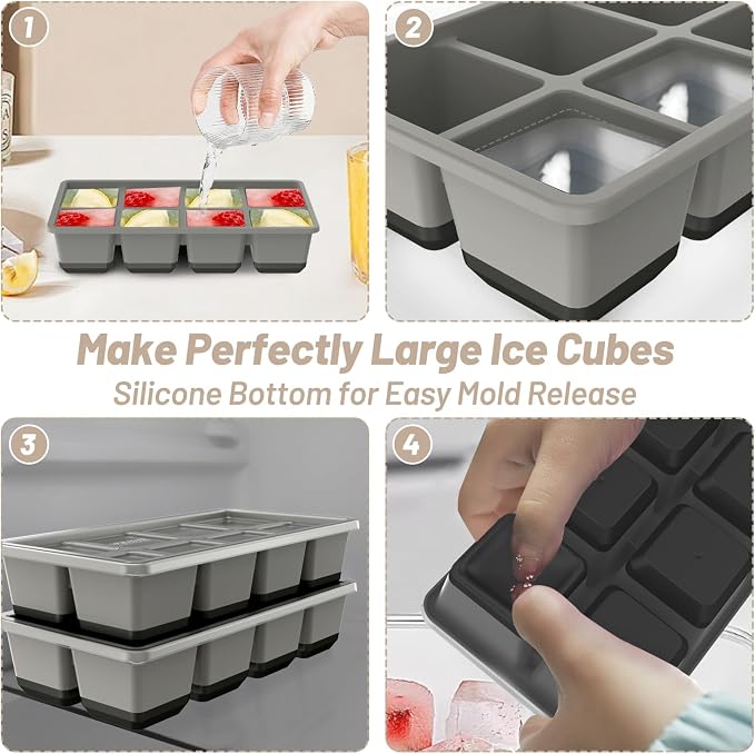 VEHHE Ice Trays for Freezer with Lid, Reusable BPA Free Silicone Ice Cube Tray, Stackable Ice Cube Mold （Black-gray）