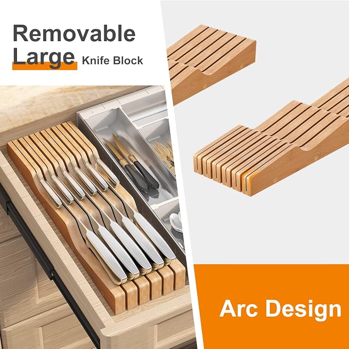 In-Drawer Knife Block Organizer - Bamboo Wood Drawer Knife Organizer-Protecting Knife Organizer Block (Not Included) (Natural, 11 Knives Dock)