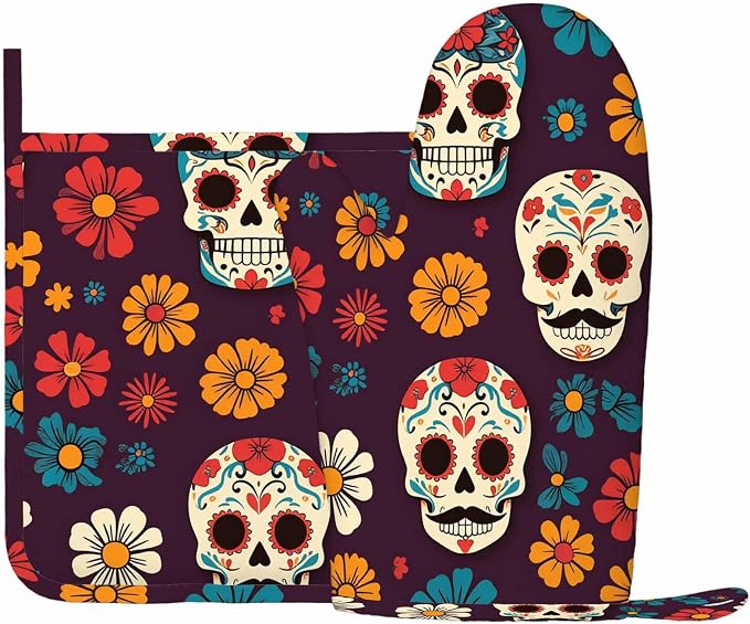 Mxocom Day of The Dead Oven Mitts and Pot Holders Sets Sugar Skulls and Flowers Seamless Pattern on Dark Background Silicone Heat Resistant Kitchen Oven Gloves Pot Holder for Cooking