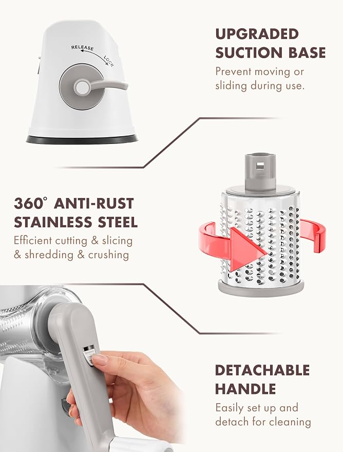 GDL Rotary Cheese Grater Hand Crank with 5 Interchangeable Blades - Upgraded Cheese Shredder Featuring Strong Suction Base for Cheese Shredding, Wavy Slicing, Nut Grinding, Ice Shaving