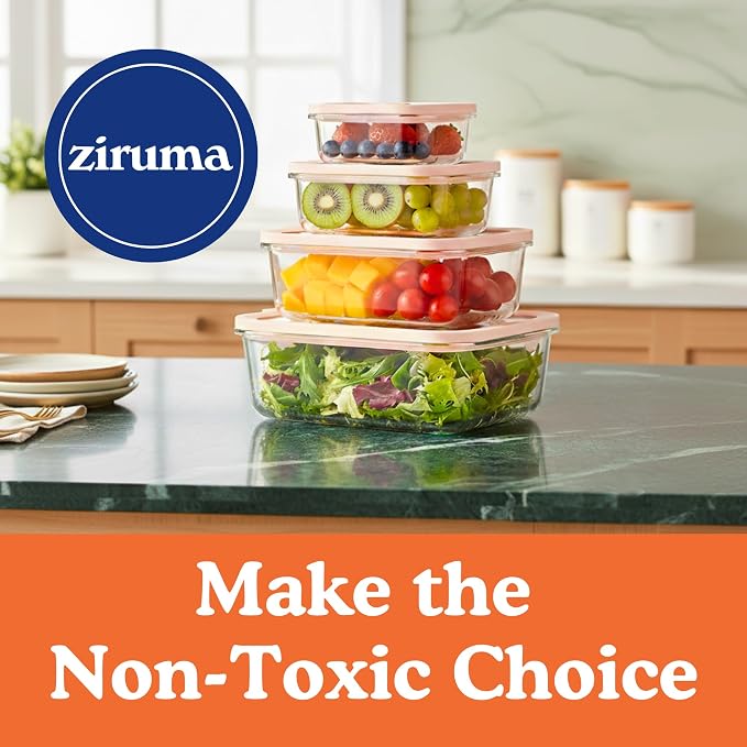 Non-Toxic Glass Food Containers with Lids, 2-Pack, 50 oz, Airtight, Beige | Plastic & BPA free. Glass body, glass lid & platinum silicone seal. Airtight & leakproof. Freezer & microwave safe.